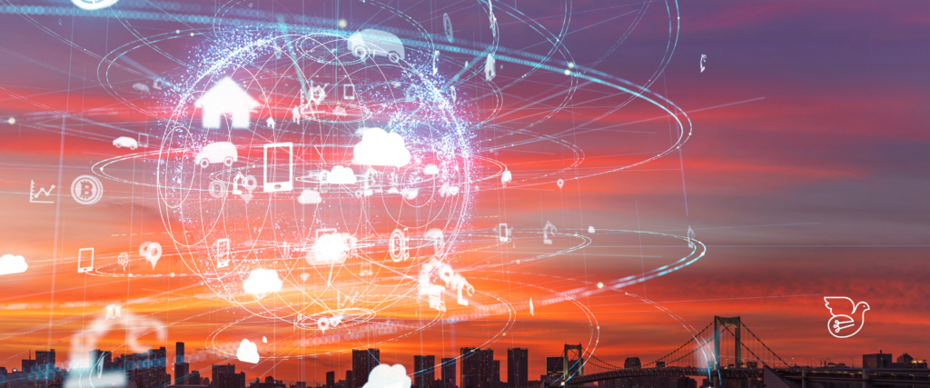 the skyview of a city with a image of a world created with digital info